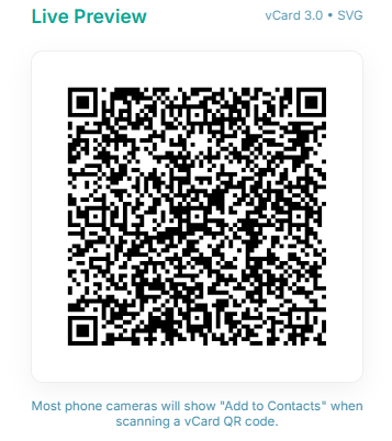 Generated vCard QR code visible with the 'Download' button.