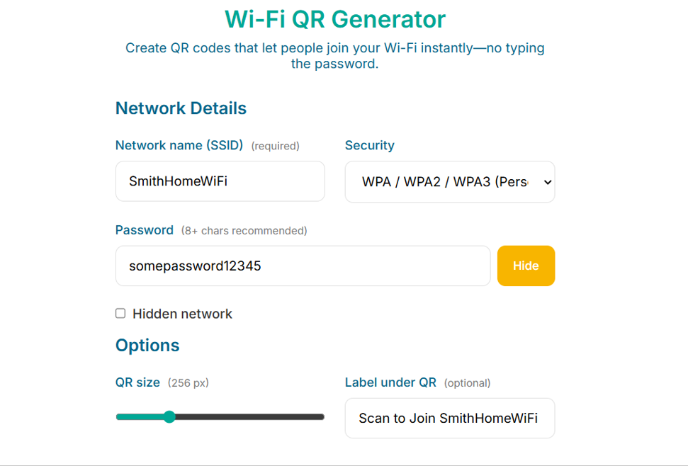 Wi-Fi Generator with SSID 'SmithHomeWiFi', a sample password, and WPA/WPA2 selected.